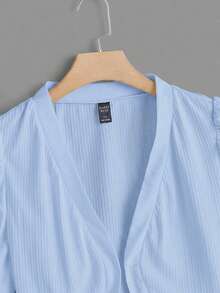 SHEIN Clasi Chaqueta corta de talla grande con mangas de pétalo y frente abierto - Celeste - Ver 4