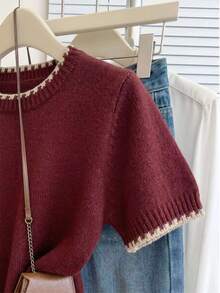 Franclia French Vintage Loose Round Neck Short Sleeve Knit Contrast Trim Beige Women's Spring Autumn Knit Top - Burgundy - View 5