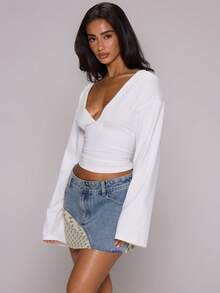 MUSERA ESSENTIALS White Slinky Deep Plunge Front Cinched Fitted Waist Flowy Batwing Long Sleeve Top - White - View 3