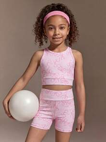 SHEIN Young Girls' Rose Pink Leopard Print 2 Pieces Active Set Featuring A Crisscross Back Tank Top And Matching Fitted Shorts, Made From Ultra-Soft 4-Way Stretch Fabric For Superior Skin Comfort And Full Flexibility, Perfect For Dance Practice, Playground Fun, And Sporty Casual Wear - Pink - View 3