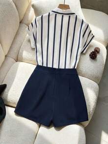 SHEIN LUNE Women Navy And White Striped Shirt And A-Line Skort Two Pieces Set,Short Sleeve Button Down Top Solid Skort,Summer,Smart Casual,Elegant,Vacation - Blue and White - View 2