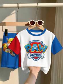 SHEIN | PAW Patrol 兒童小男孩圓領字母圖案拼色短袖T恤與短褲休閒日常套裝 - 彩色 - 查看 3