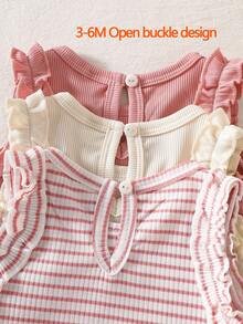 SHEIN Vintaside Kids 3 件套女婴夏季简约百搭甜美可爱柔软弹力休闲套装，包括纯色和条纹背心/马甲，适合居家、度假、日常穿着 - 彩色 - 查看 5