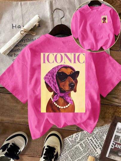 EMERY ROSE Camiseta gráfica linda de perro salchicha, camiseta casual de cuello redondo y manga corta para mujer, verano