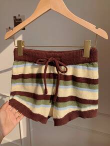 Comfortcana Setelan Sweater dan Celana Pendek Kasual Vintage Warna Polos Pinggang Tinggi dengan Tali Serut untuk Musim Gugur/Santai Bergaris Cokelat - MultiWarna - View 6