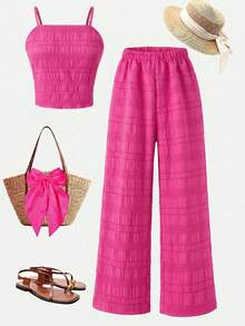SHEIN Elladie kids Young Girls Vacation Spring Style Crepe Gathered Cami Top + Loose Straight Leg Pants 2pcs Set, Woven Tank Top Set - Hot Pink - View 5