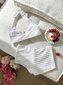 Swim Mod Women's Cute Vacation Pink Striped Halter Neck Swimsuit Set - White - View 2