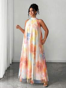 Elenzga Elegantes ärmelloses Maxikleid in Große Größen für Damen mit gewebtem Neckholder, Aquarellbindebatik-Farbverlaufsmuster und luftigem Mesh-Muster - Verschiedenfarbig - Übersicht 7