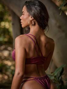 Hauture Women's Summer Beach Sexy Vacation Asymmetrical Strap Detail Bikini Top, Sexy Solid Color Beach Bikini Top, Casual Bathing Suit, Beach, Resort - Burgundy - View 2