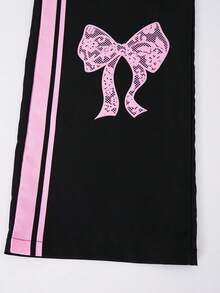 SHEIN 青少年女孩休閒時尚街頭風圓領粉色拼接黑色蝴蝶結圖案落肩寬鬆短袖上衣與寬腿蝴蝶結圖案長褲2件套 春夏 - 彩色 - 查看 4