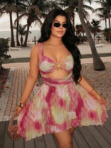 SHEIN SXY 女款度假休閒紮染印花鏤空迷你洋裝 - 紅色 - 查看 5
