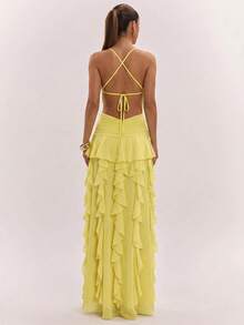 SHEIN BAE Đầm dạ hội màu vàng chiffon thanh lịch dành cho nữ, kiểu dáng hở lưng, buộc dây, xếp ly, vạt bất đối xứng, xẻ tà, thích hợp cho kỳ nghỉ biển, đám cưới trên biển, tiệc sinh nhật, váy cưới, váy hẹn hò lãng mạn, đầm dài chiffon sang trọng. - Vàng nhạt - Xem 2