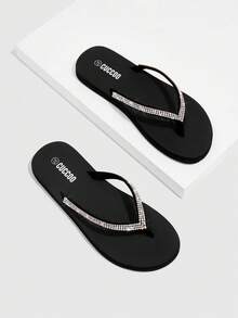 Grefit Woman Shoes Rhinestone Decor Toe Post Design Flip Flops For Summer Vacation Shoes For Casual Beach Style Shoes - Black - View 5