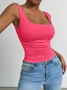 SHEIN PETITE 女款亮粉色方領無袖背心上衣，時尚日常百搭基本款，適合夏季演唱會、夜店、約會之夜，提升優雅氣質的派對上衣，適合嬌小女性 - 粉色 - 查看 3