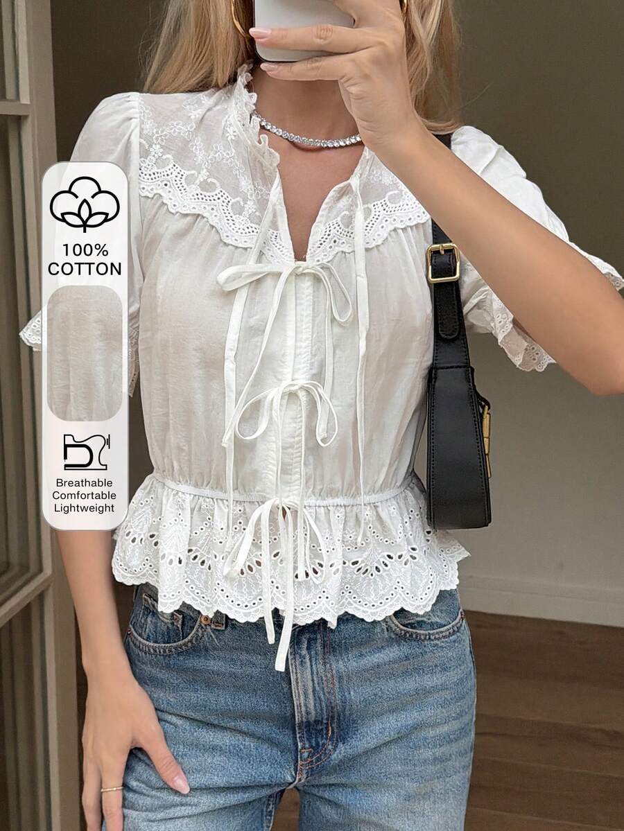 DAZY 春夏純白蕾絲拼接短袖綁腰女款上衣 - 白色 - 查看 1