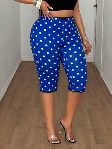 Maweii Plus Size Women's Polka Dot Print Elastic Waist Lace Patchwork Slim Fit 3/4 Length Leggings - Royal Blue - View 6