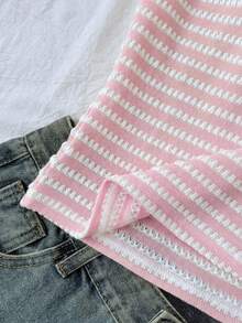 Teen Girls Summer New Pink Knit Textured Jacquard Ruched Chest Sweet Girly Cute Home Casual Off-Shoulder T-Shirt - Pink - View 6
