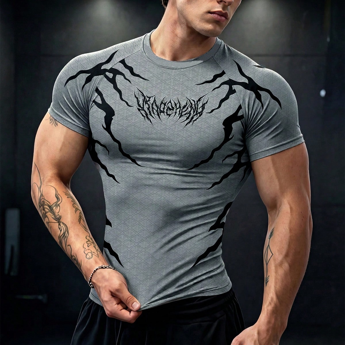 Camiseta deportiva casual para hombre con estampado gráfico, manga raglán elástica, verano, gimnasio, vacaciones