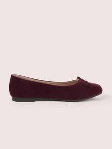 CUCCOO DOLLMOD Velvet Bow Square Toe Flat Bottom Low Vamp Shoes, Retro Burgundy Gentle Slouchy Soft Bottom Commuting Ballet Lady Shoes Fall Shoes - Burgundy - View 6