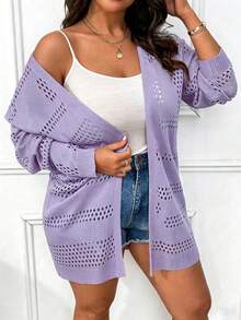 Elenzga Plus Size Solid Color Minimalist Everyday Hollow Out Cardigan Fall - Purple - View 4