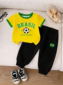 1套男嬰字母足球印花「BRASIL」休閒拼色圓領T恤與運動慢跑褲套裝，舒適日常基本款，巴西足球隊制服，巴西字母圖案套頭T恤套裝，適合夏季、休閒、戶外穿著、運動裝、校服 - 彩色 - 查看 2