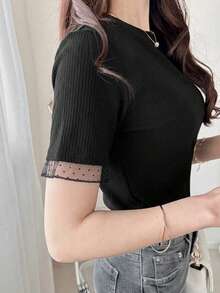 FRIFUL 女款春夏短袖素色拼接透視蕾絲面料羅紋時尚修身顯瘦百搭T恤 - 黑色 - 查看 8