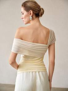 MOTF PREMIUM ASYMMETRIC SHOULDER MESH SEXY WAIST-CINCHING SLIMMING WOMEN'S TOP - Light Yellow - View 4