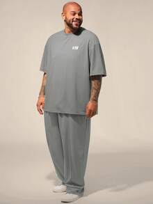 EASEVO Men's Plus Size Letter Print   Short Sleeve T-Shirt And Pants Casual Set - Light Grey - View 3