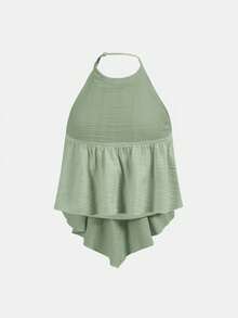SHEIN Ensemble 2 pièces débardeur à col licou ample + pantalon long pour adolescentes, décontracté, à la mode, polyvalent, fête, streetwear, séance photo entre sœurs, sortie au parc, camping, vacances, décontracté quotidien - Vert - Voir 7