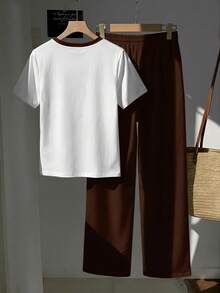 SHEIN EZwear 2pcs Set Embroidered Round Neck Short Sleeve Top And Striped Print Pants, Casual - Brown - View 2