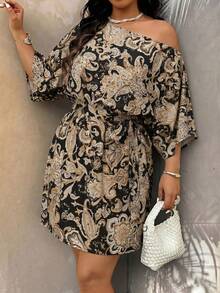 Weeklong Women's Plus Size Spring/Summer Vacation Asymmetrical Shoulder Waist-Cinched Solid Color Large Floral Print Short Dress - Multicolor - View 1