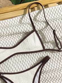 Elavelle Women's Spring/Summer Jacquard Fabric Spaghetti Strap Bikini Set - White - View 4