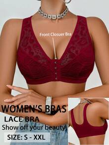 Crystal Vow Lace Patchwork Front Button-Up Women's Non-Wired Bralette 1 Piece - Burgundy - View 5