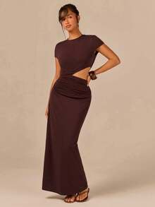 Athîral Women's Casual Dark Brown Short Sleeve Waist Cutout Maxi Bodycon Dress,  Summer Outfit, Commute Outfit, Casual Dress Vacation - Brown - View 7