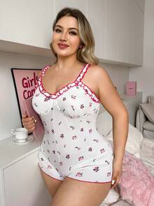 PetitDoll Sweet Cute Ruffle Print Plus Size Women's Romper Pajamas - Multicolor - View 3