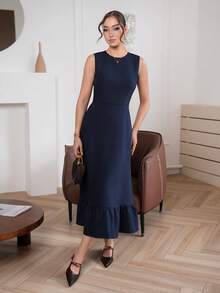 Modelyn Damen Sommer Lässig Alltag Arbeit Pendeln Minimalistisch Vielseitig Einfarbig Ärmellos Taillenbetontes langes Kleid - marineblau - Übersicht 1