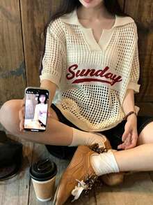 DAZY Women's Casual Contrast Color English Text Short Sleeve Knit Top Spring Summer - Beige - View 6