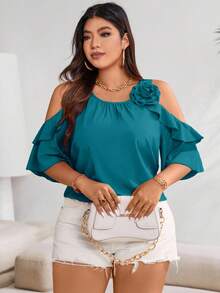 Vionelle Plus Cold Shoulder Ruffle Trim Blouse For Summer For New Year Clothes - Blue - View 5
