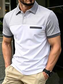 Manfinity Homme 男士夏季休閒拼色拼接 Polo 衫，儀式感 - 彩色 - 查看 3