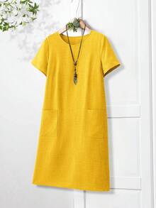 Rusticease Gaun Wanita Ukuran Besar Warna Polos Kasual Lengan Pendek dengan Saku Gaya Pedesaan untuk Wanita - Kuning - View 7