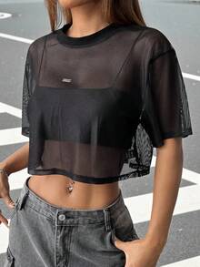 SHEIN EZwear Women's Short Sleeve Black Mesh Top - Black - View 5