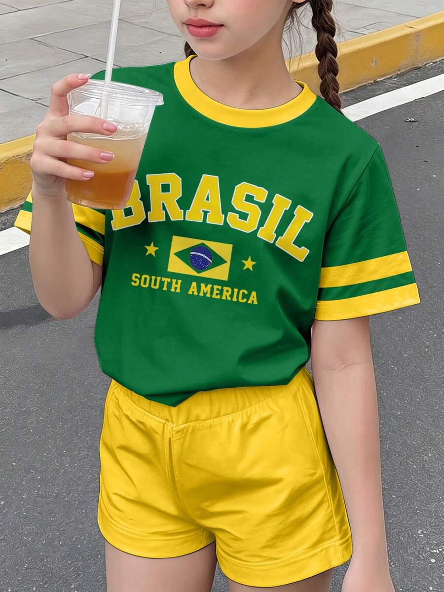 1件女童幼童美式復古學院風酷感巴西國旗印花短袖T恤 黃綠配色 夏日休閒運動校園出遊日常百搭上衣 世界盃服飾 - 彩色 - 查看 1