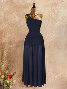 Rafferiza Robe moulante en maille élastique bleu clair avec boucle métallique décorative à une épaule pour femmes, robe d'hiver, robe de Noël, robe du Nouvel An, robe de soirée, robe élégante, robe de remise des diplômes, robe de plage, robe de fête de Noël, robe du réveillon du Nouvel An, robe de fête de Noël, robe de soirée élégante, robe de soirée longue - Bleu marine - Voir 3
