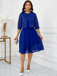 SHEIN Lady Women's Elegant Lace Sleeveless Top Dress 2 Pieces Set Summer Birthday Cocktail Bar Party After PartyEvent Office Wedding Blue Floral Navy Blue - Royal Blue - View 4