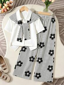 Tween Girl Floral & Striped Print Short Sleeve Shirt And Wide Leg Pants Set, Casual Vacation & Daily Wear, Spring/Summer - Black - View 5