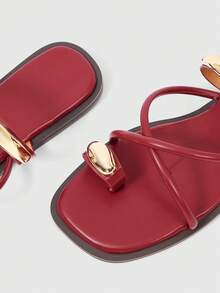 Sleekvia Ladies Comfortable Flat Wear-Resistant Versatile  Metal Outdoor Flip-Flops Slippers Summer - PU-burgundy - View 4