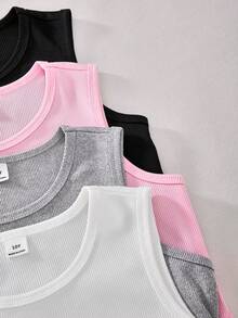 SHEIN Tween Girl Solid Color Round Neck Casual Versatile Daily Wear Tops 4pcs/Set - Multicolor - View 5