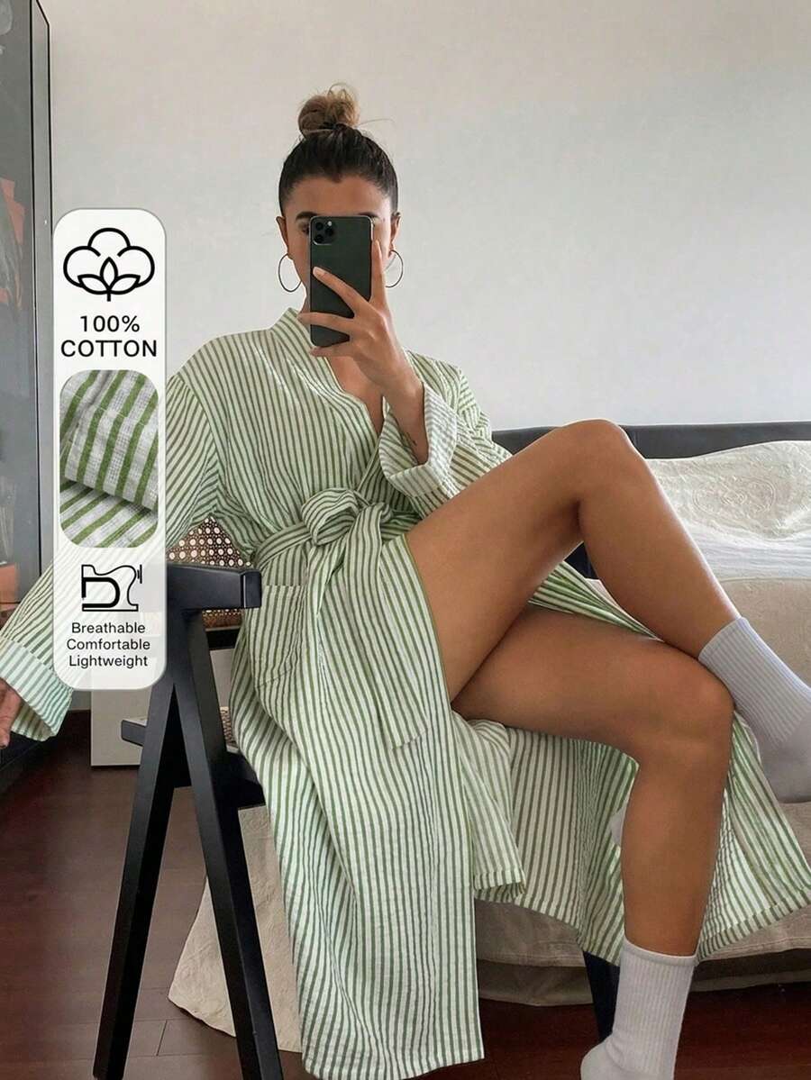DAZY 度假風條紋紋理面料中長版女款睡袍 - 綠色 - 查看 1