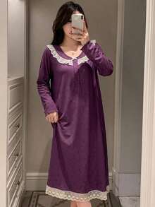 DAZY Sweet Floral Lace Trim Long Sleeve Long Dress Women's Nightgown Pajamas - Purple - View 4
