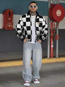 Devon Thys Manfinity Streetrush 舒适撞色棋盘格纹男士长袖夹克，格子夹克，黑白夹克，赛车夹克，秋季款 - 黑色 - 查看 4